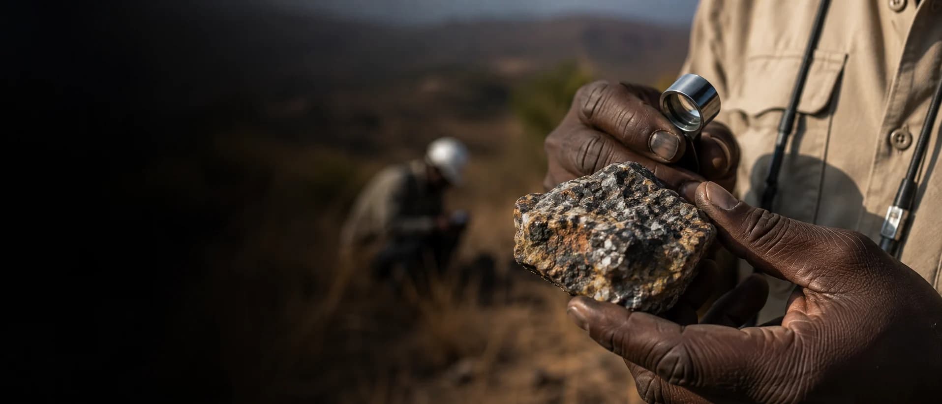 Hands holding a coarse mineralised rock specimen next to a hand lens during a field examination, with a second worker in a hard hat crouched on a dry hillside behind.